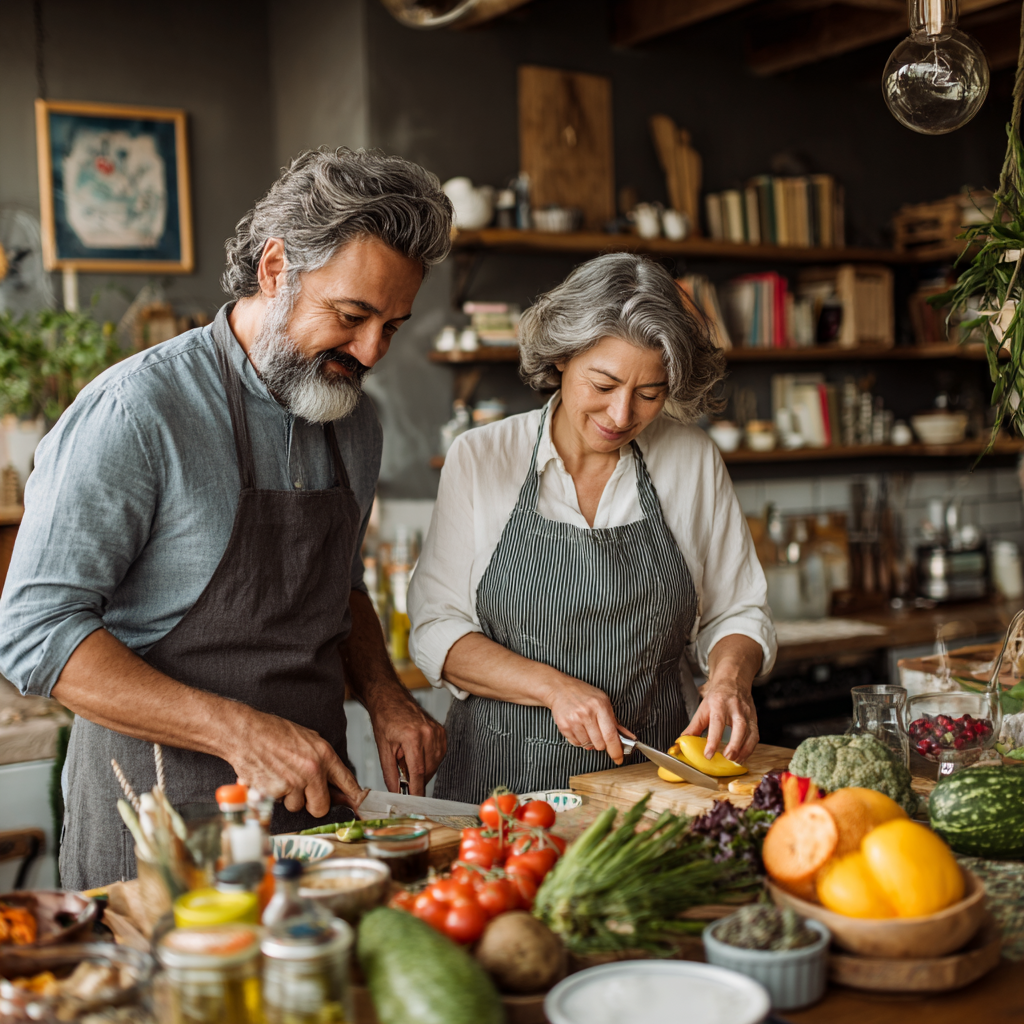 mature adults enjoying cooking fresh healthy meals together in bright kitchen setting