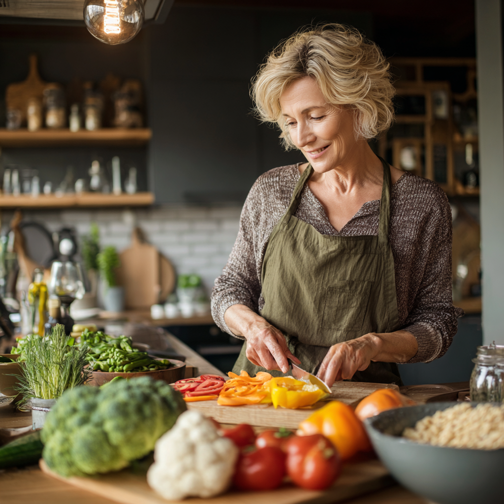 middle-aged woman preparing healthy colorful vegetables and grains in modern kitchen